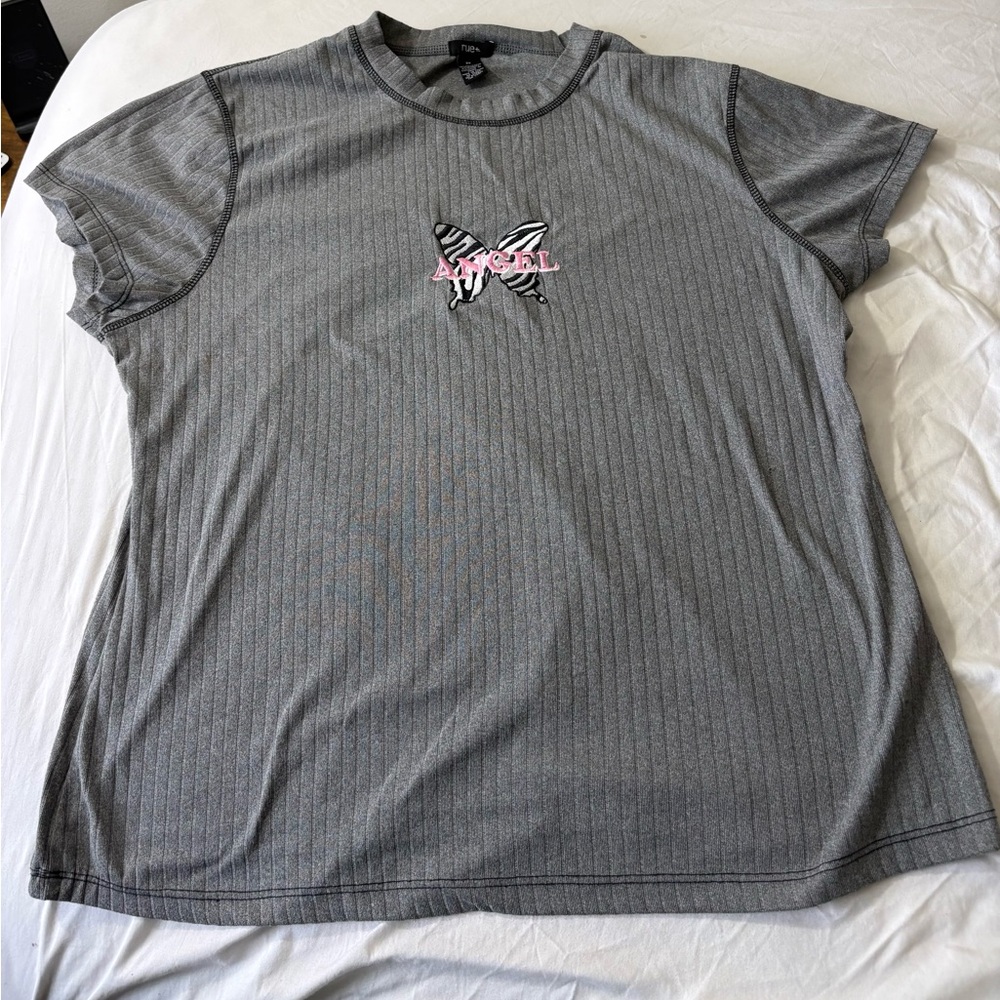 Gray Striped T-Shirt with Pink Butterfly Logo